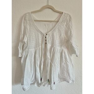 White shirred cotton shirt blouse scoop neck cottage core lightweight gauze